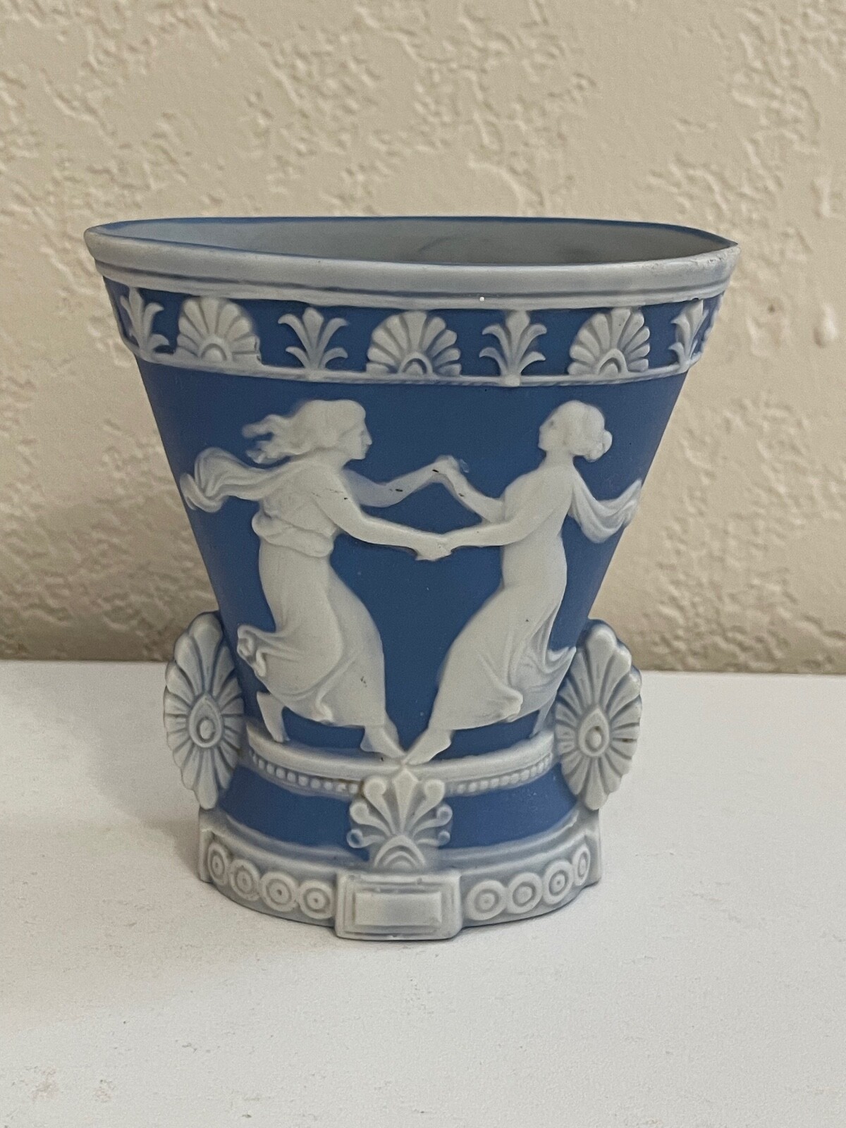 Vintage Antique Blue Jasperware Ceramic Vase w/ Dancing Women Decoration