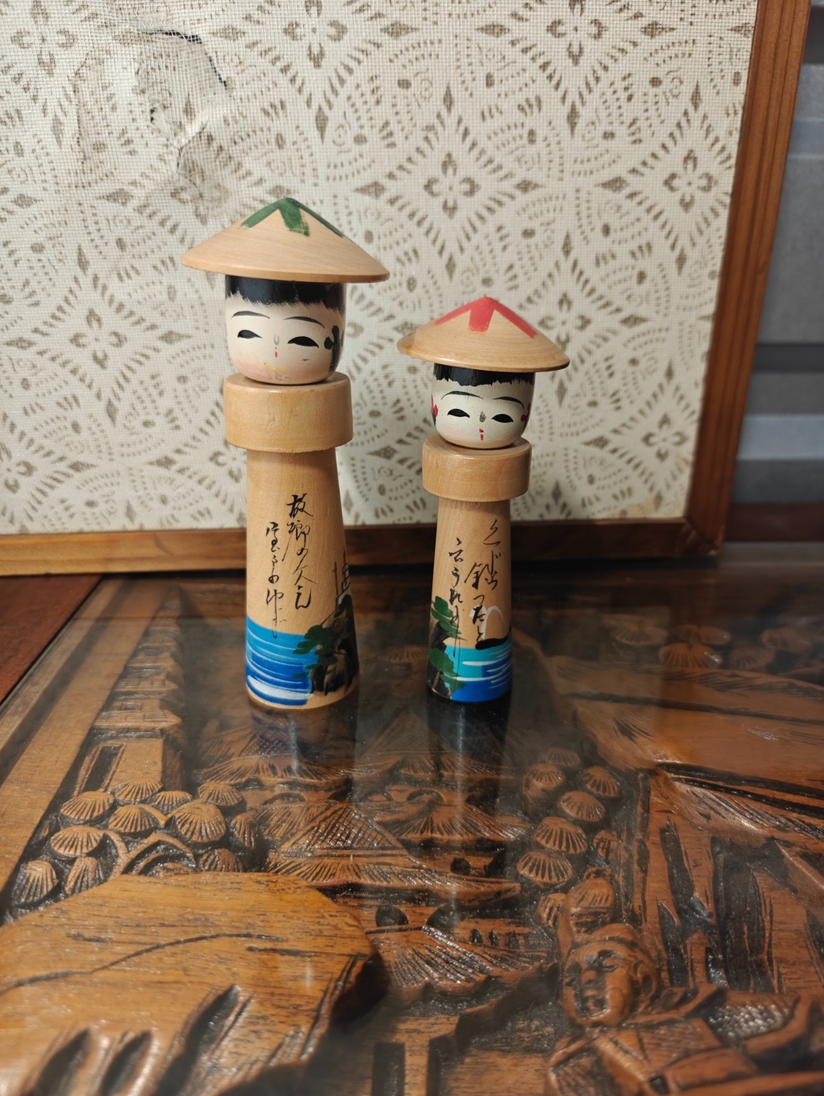 Vintage 1965 Japanese Sosaku Kokeshi Doll Pair Coastal Scene Hand Painted Souven Vintage 1965 Japanese Sosaku Kokeshi Doll Pair Coastal Scene Hand Painted Souven