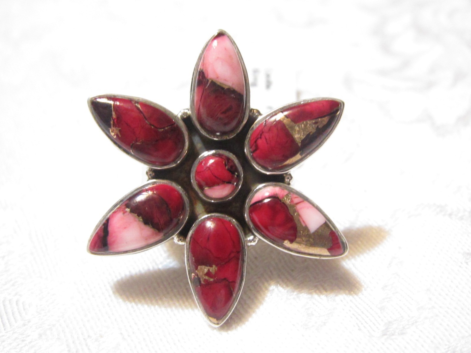 NWT  NAVAJO STERLING SILVER GENUINE RED DAHLIA TURQUOISE MULTI STONE RING-7.9 G