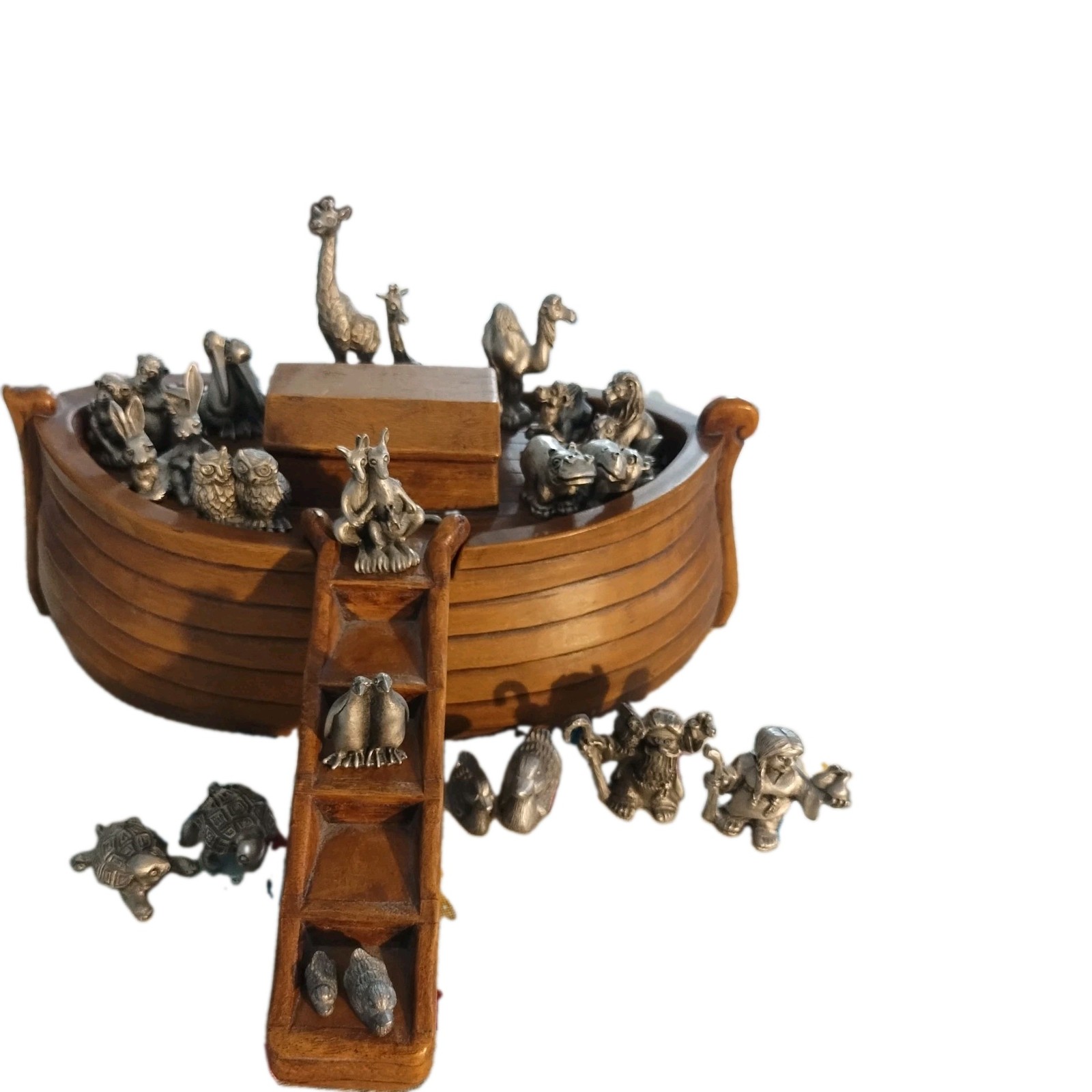 Vintage Hudson Pewter Noah\'s Ark Collection Set 21 Figurines & Wood Look Ark Set
