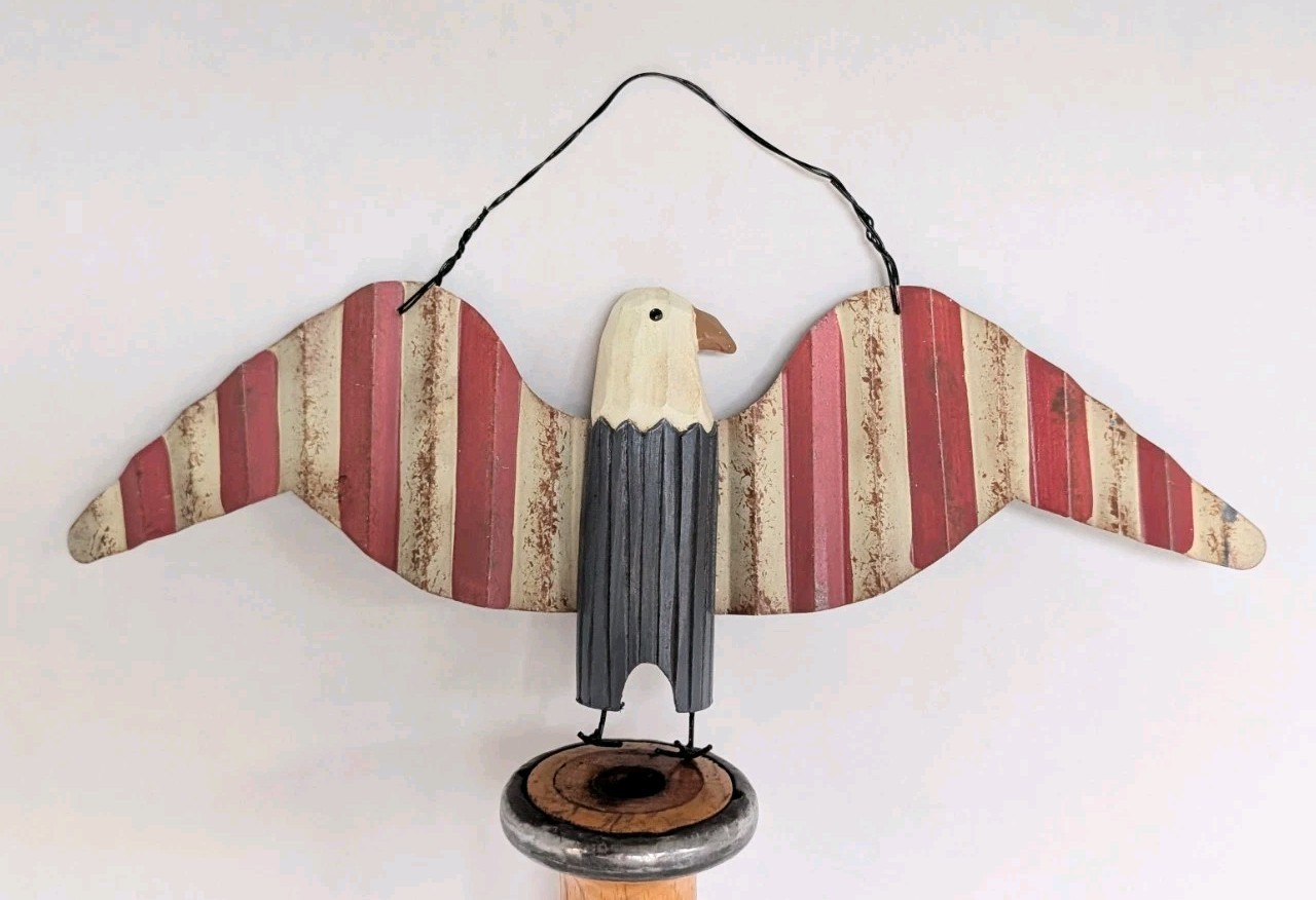 Rustic Folk Art Eagle Wood & Metal Patriotic Red White Blue Americana Wall Decor