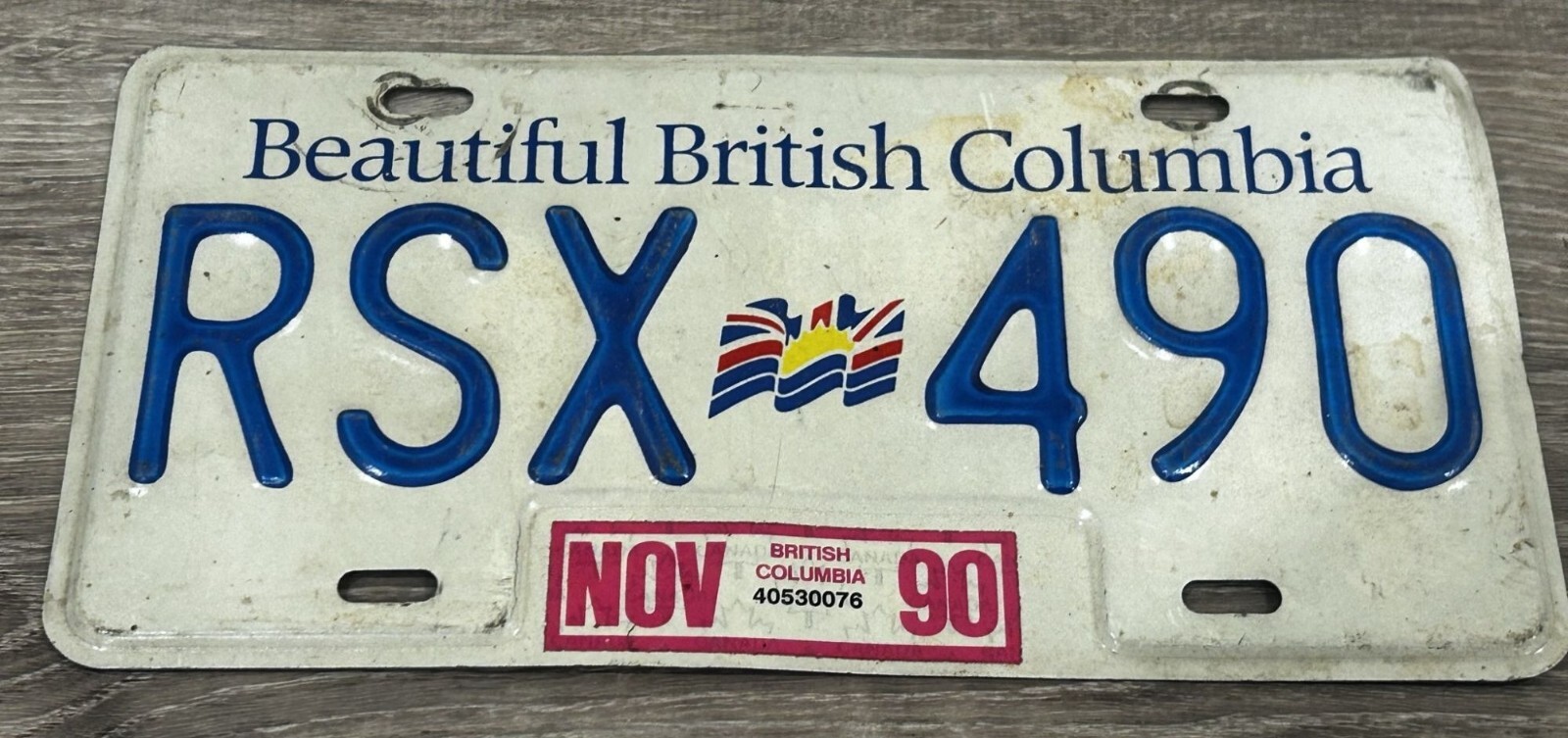 Vintage 1990 British Columbia License Plate Tag RSX-490 Blue w/ White CANADA