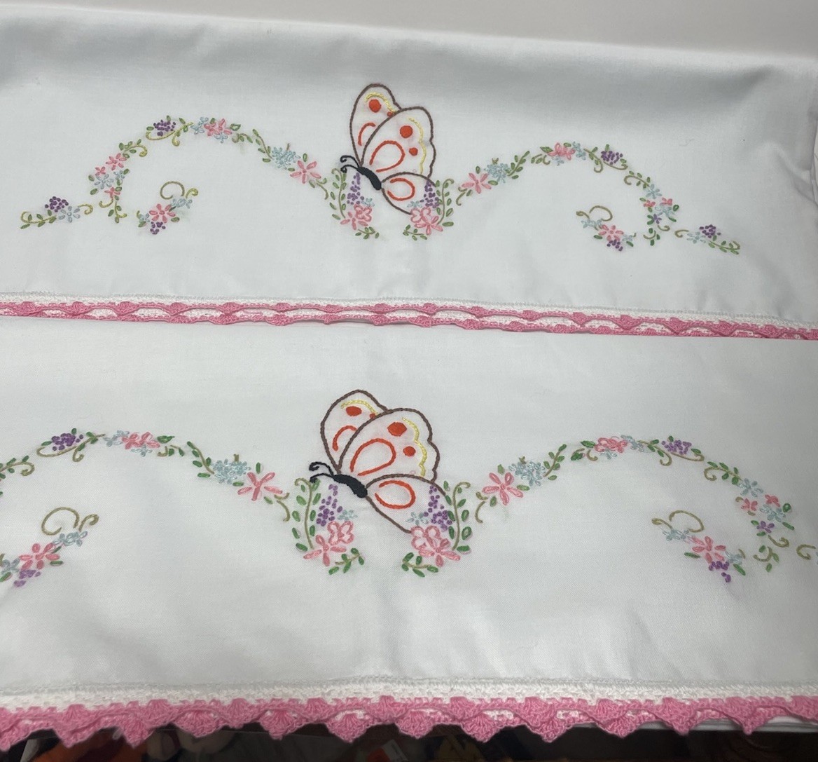 Pair Pillowcases Handmade Embroidered Butterflies And Flowers 31 Pair Pillowcases Handmade Embroidered Butterflies And Flowers 31