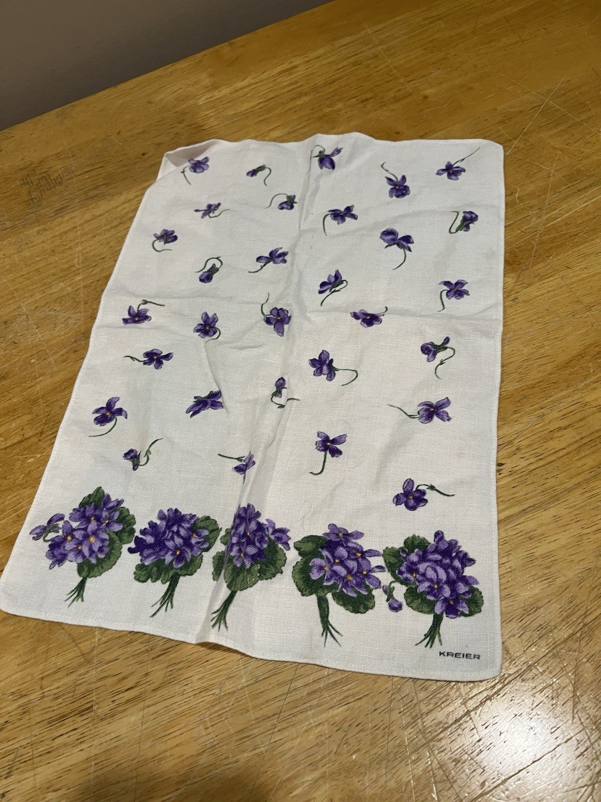 Vintage Kreier Linen Tea Towel Violet Purple Flowers Wall Hanging 16x11 1/2\