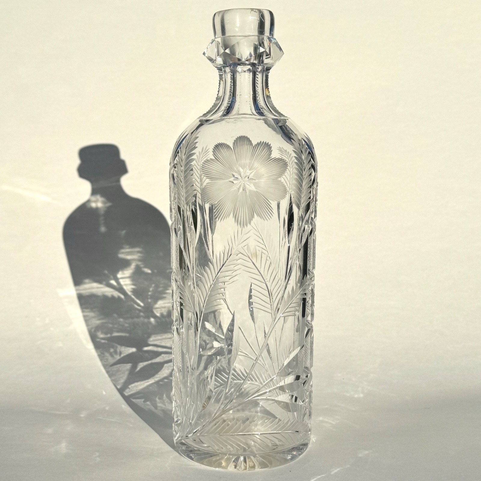 Cut Crystal Antique Bottle / Decanter with Intricate Floral Design Free Blown