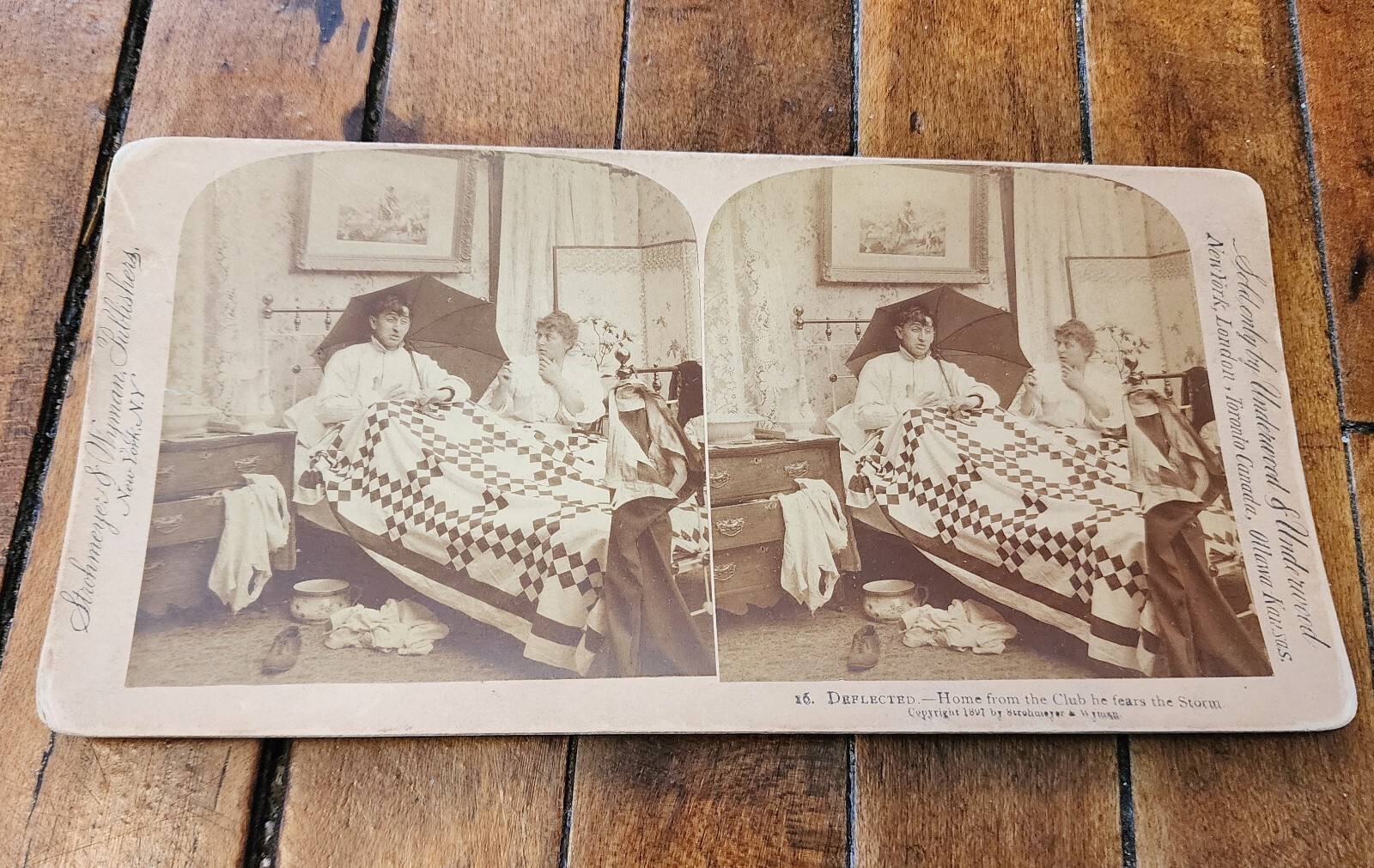 1897 Underwood Stereoview DEPLETED HOME FROM CLUB HE FEARS STORM in Bed Umbrella