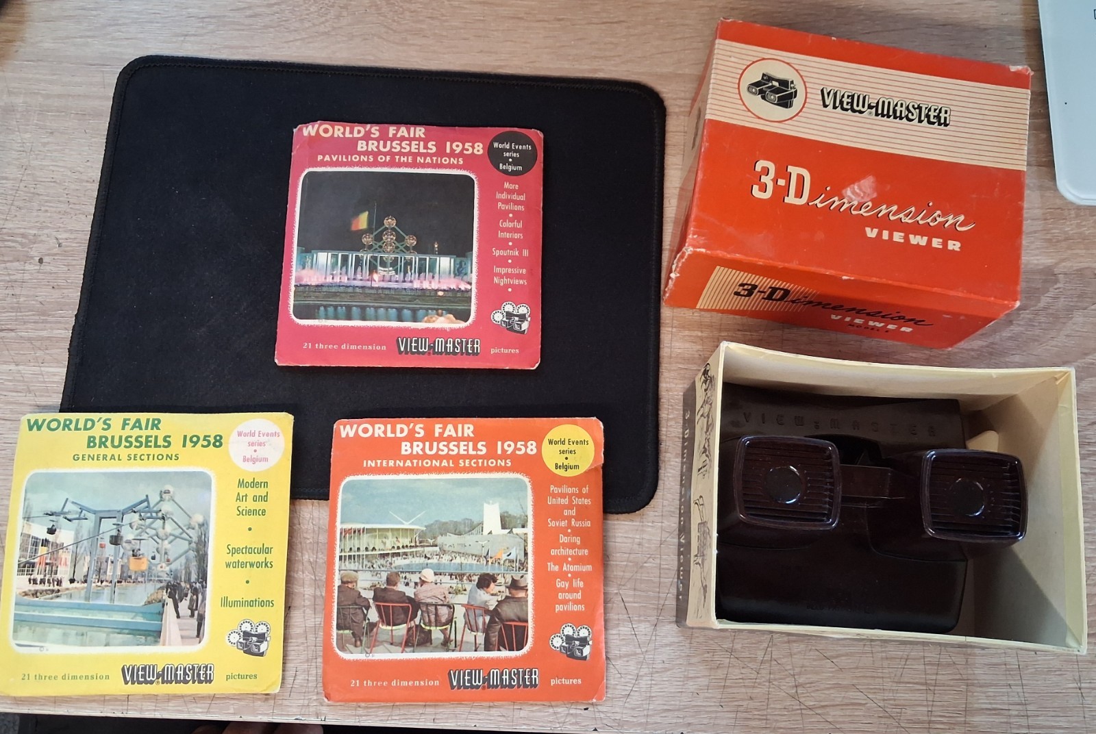 Vintage View-Master 3D Lot + Box + 3 Disc Pouches Expo 58 Brussels VGC