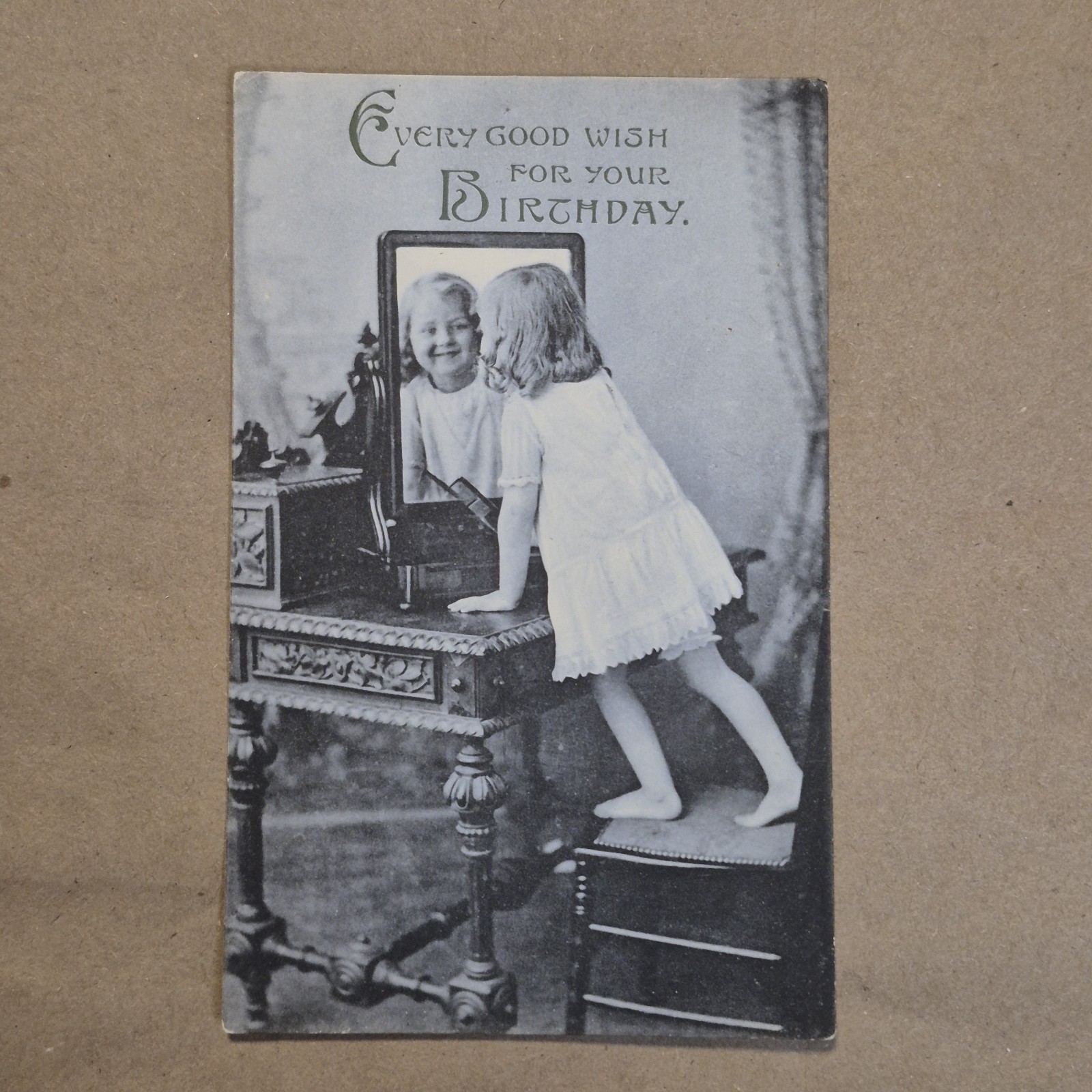 Antique Good Wish Birthday Postcard Girl Looking in Mirror Unused RPPC