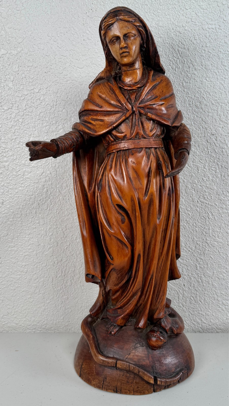 Antique 17th C. French Carved Wood Sculpture Madonna Virgin Mary Serpent Figure