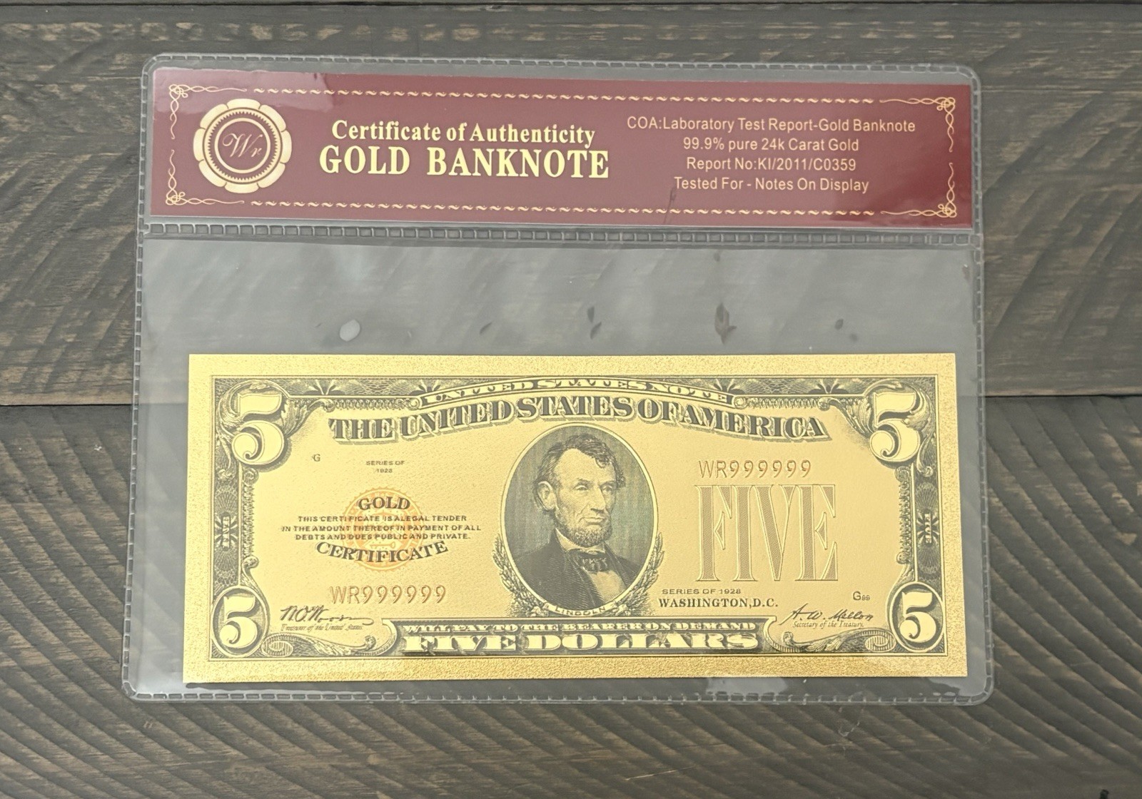 1928 US $5 Gold Banknote w/COA 24kt .999 GOLD BANKNOTE • COLLECTORS NOTE - MINT