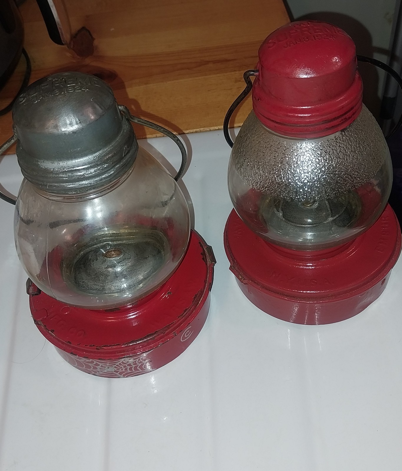 SET OF 2 ANTIQUE  EMBURY SUPREME SKATERS LANTERNS