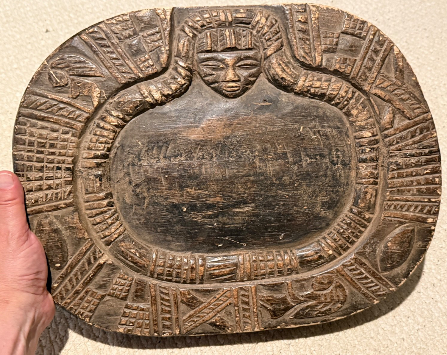 Vintage West African Divination Plate, Hand Carved Wood, Patina, Good Condition