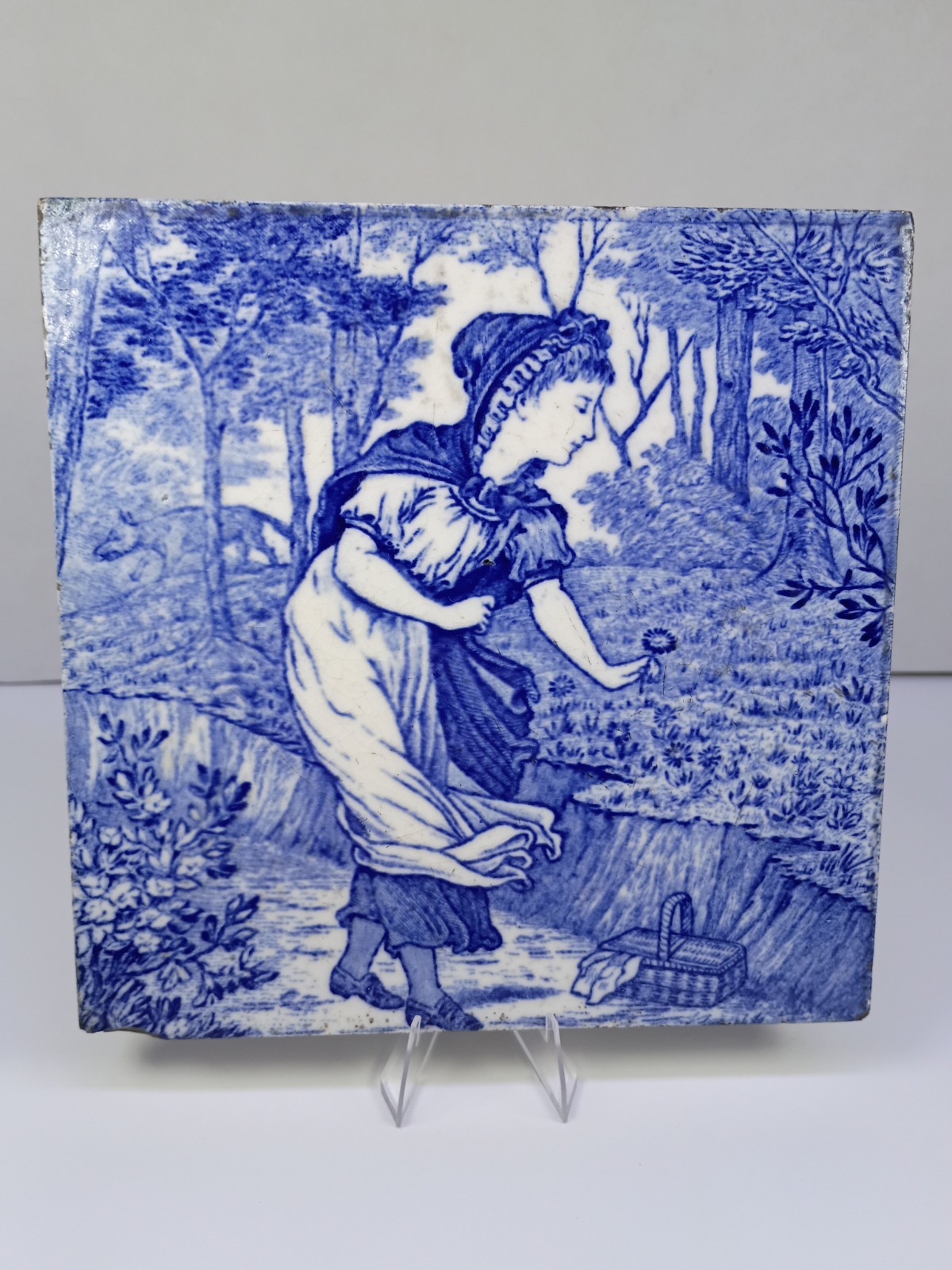 Antique Josiah Wedgwood & Sons Etruria Tile Blue Transferware Lady Picnic Flower