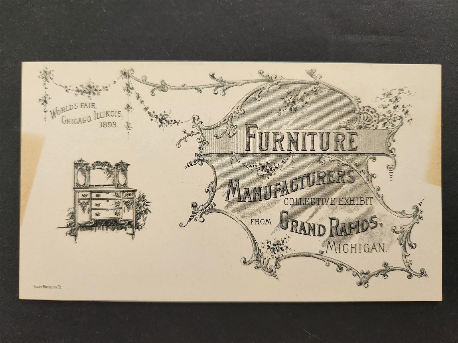 1893 antique CHICAGO WORLD FAIR BUSINESS CARD grand rapids FURNITURE MFG EXHIBIT
