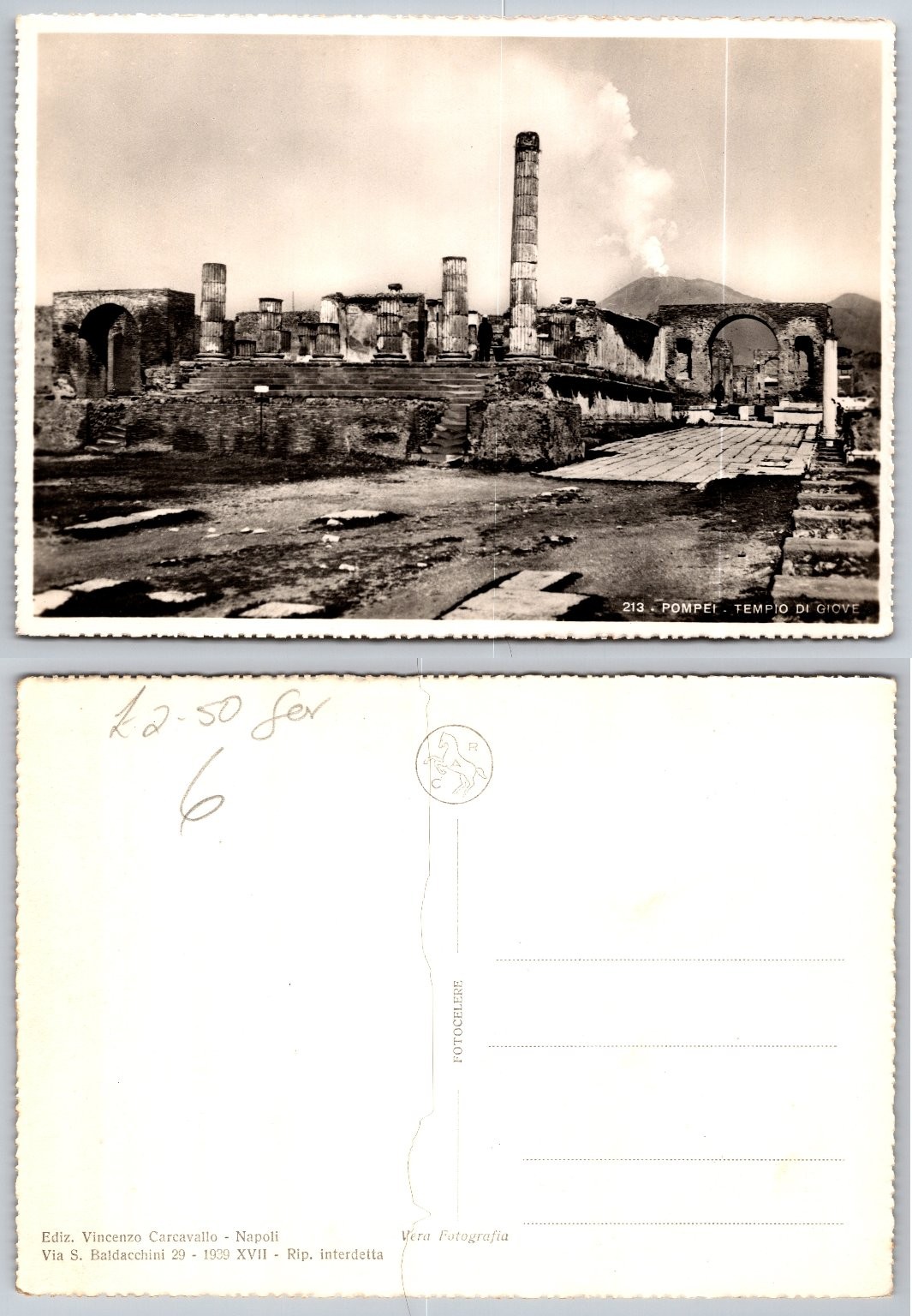 1939 Pompeii Temple of Jupiter Vesuvius Smoking RPPC Italy Postcard Carcavallo