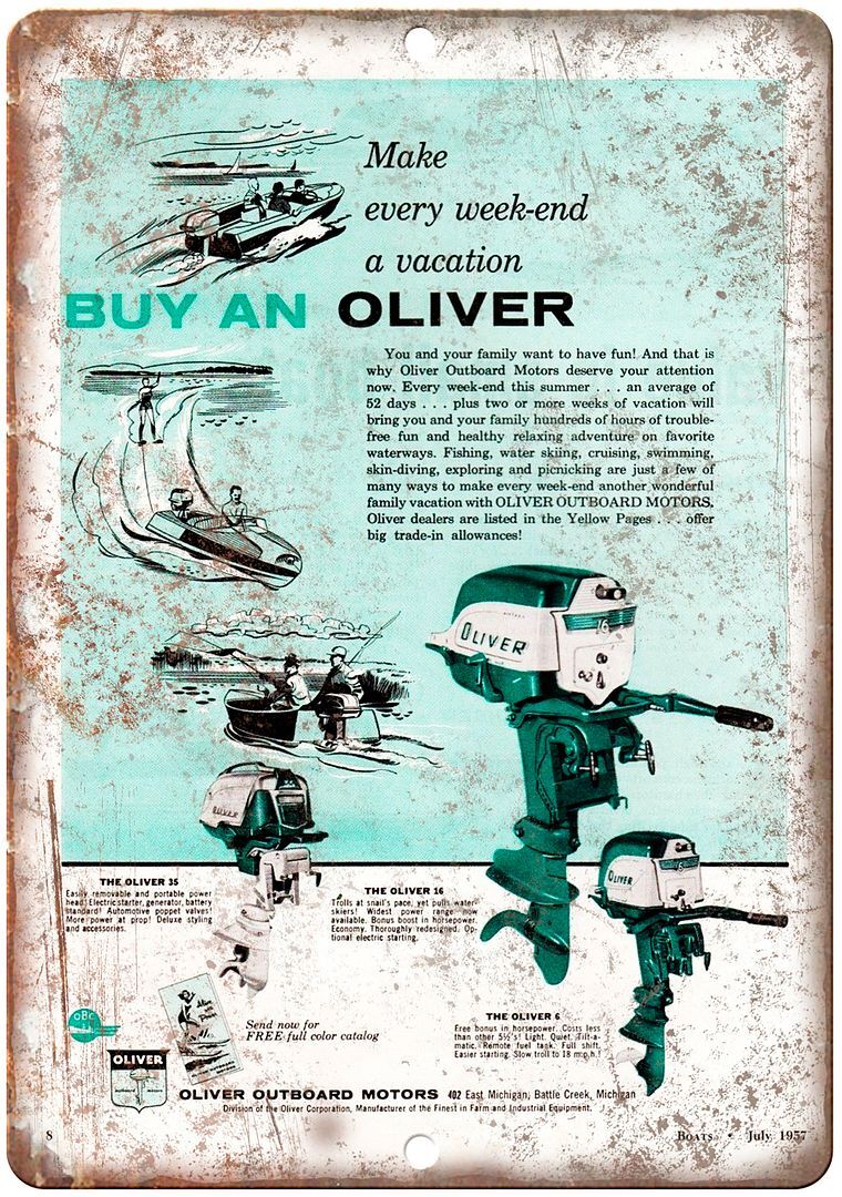 1957 Oliver Outboard Motor Vintage Boat Ad Reproduction Metal Sign L75 1957 Oliver Outboard Motor Vintage Boat Ad Reproduction Metal Sign L75