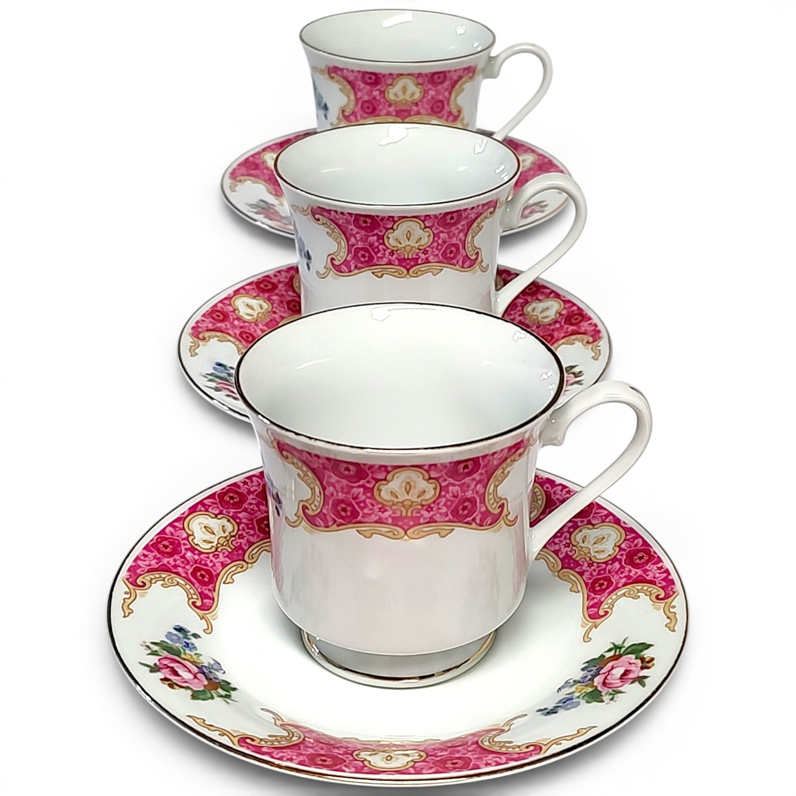 VTG 6pc Service for 3 Red Sea Remington Spring Garden Gold Gilt Cup & Saucer Set
