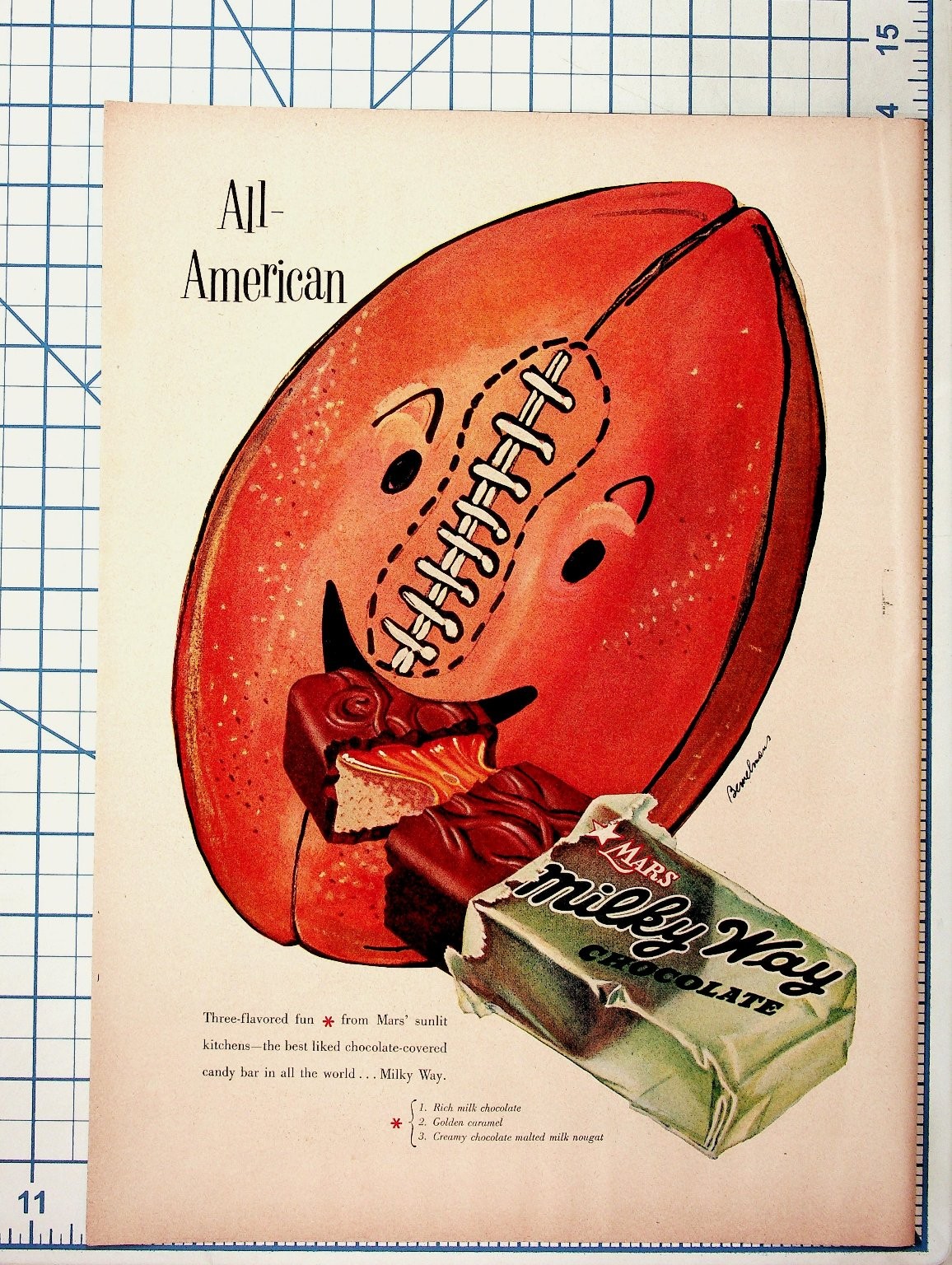 Vintage 1950s Milky Way Chocolate All-American Football Magazine Ad Bemelmans