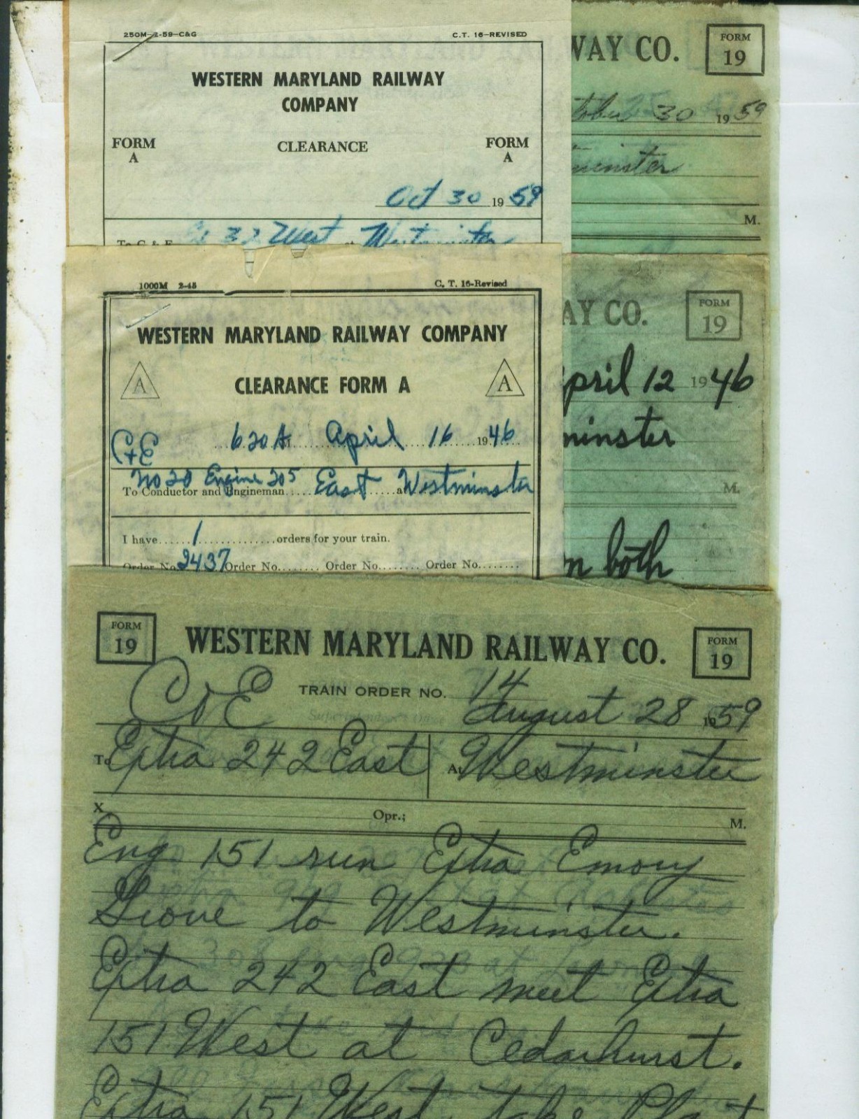 WESTERN MARYLAND RY. TRAIN ORDERS (15) WESTMINSTER, MARYLAND  1933 - 1971.