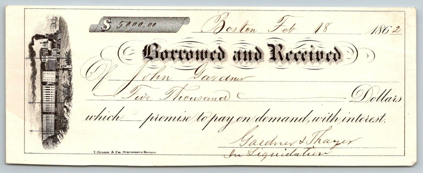 1862  Authentic Civil War Era  Boston Massachusetts Receipt     7\