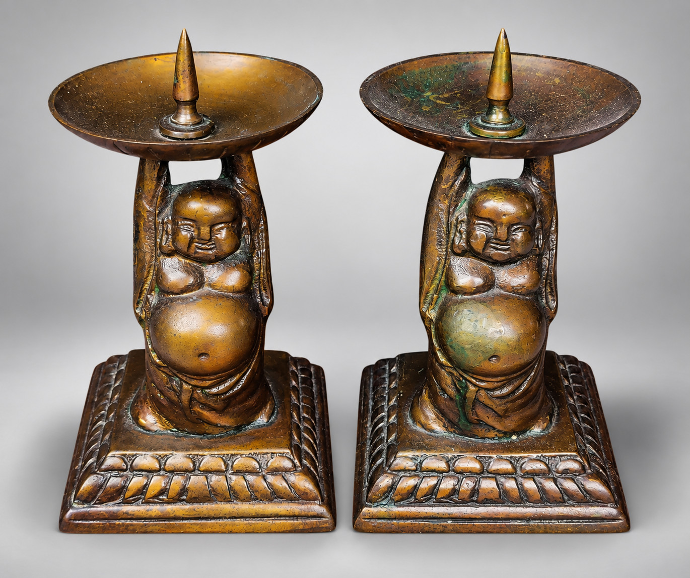 Vintage Brass Laughing Buddha Budai Figural Pricket Candlesticks Pair 4.6\