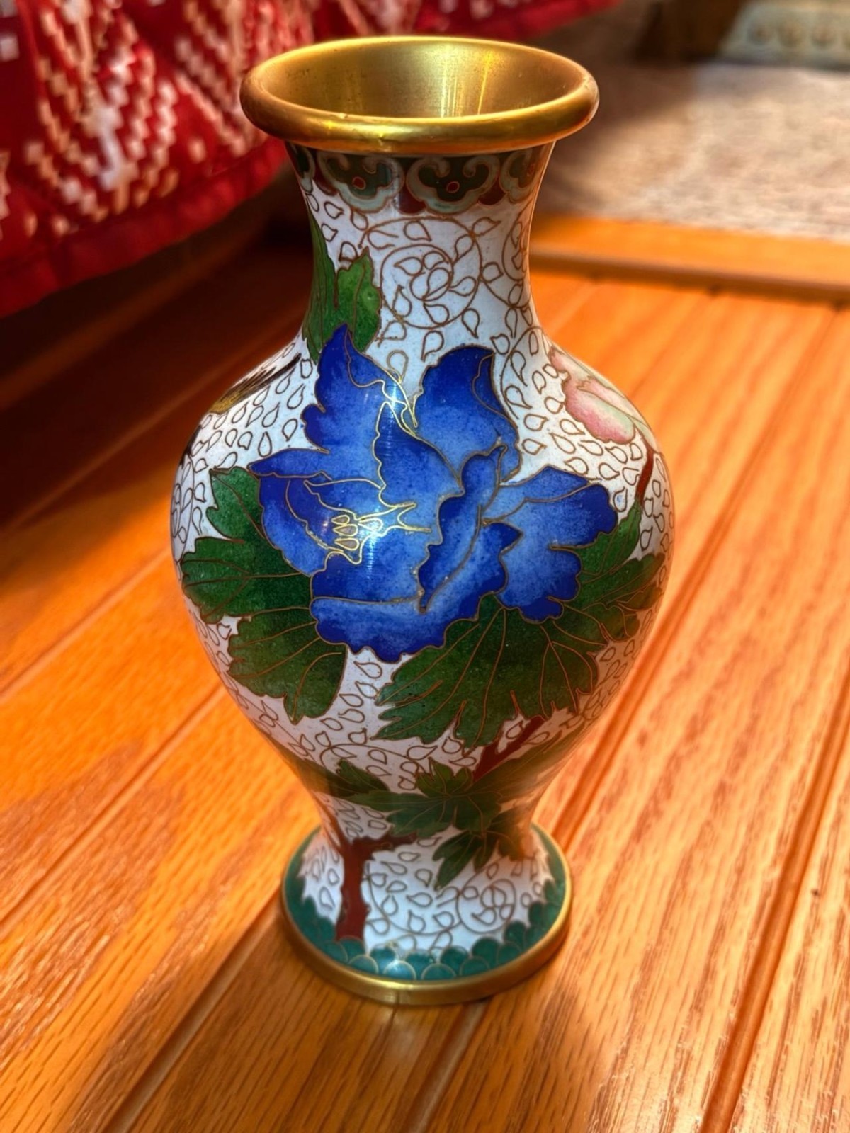 Vintage 1986 Chinese Cloisonne Bud Vase Hand-Painted Floral Bird
