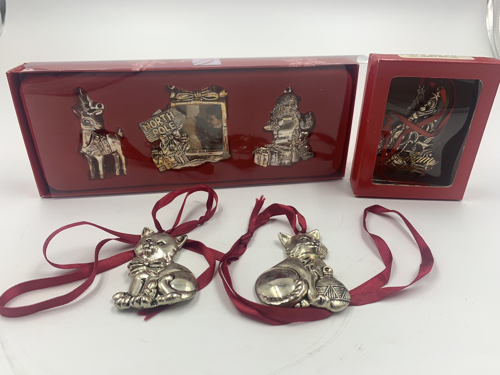 Gorham Silverplated Ornament Metal Pack Lot Cat Christmas Tree Santa Reindeer