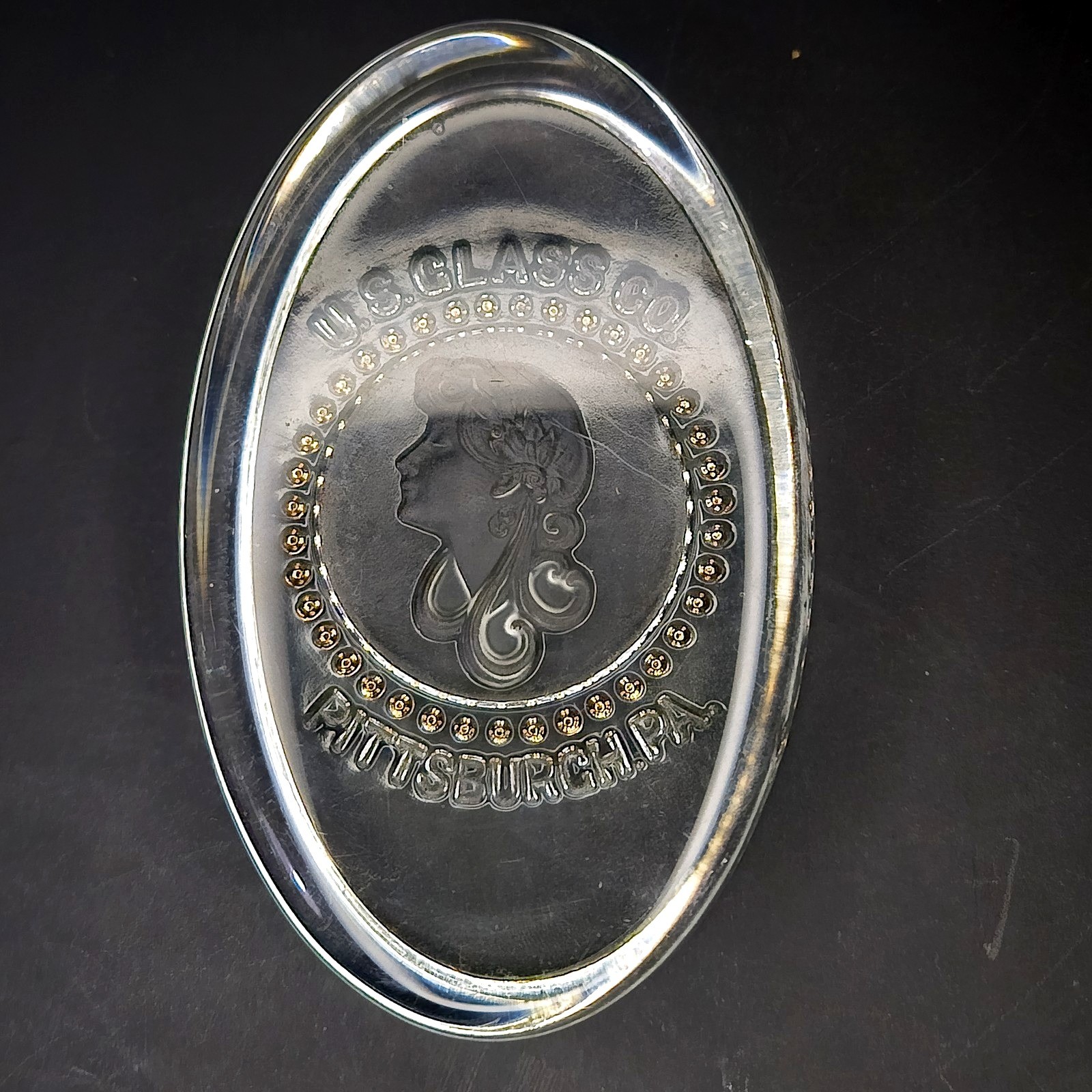 EAPG U.S. Glass Co Pittsburgh PA. Advertising Paperweight Long Hair Woman Cameo