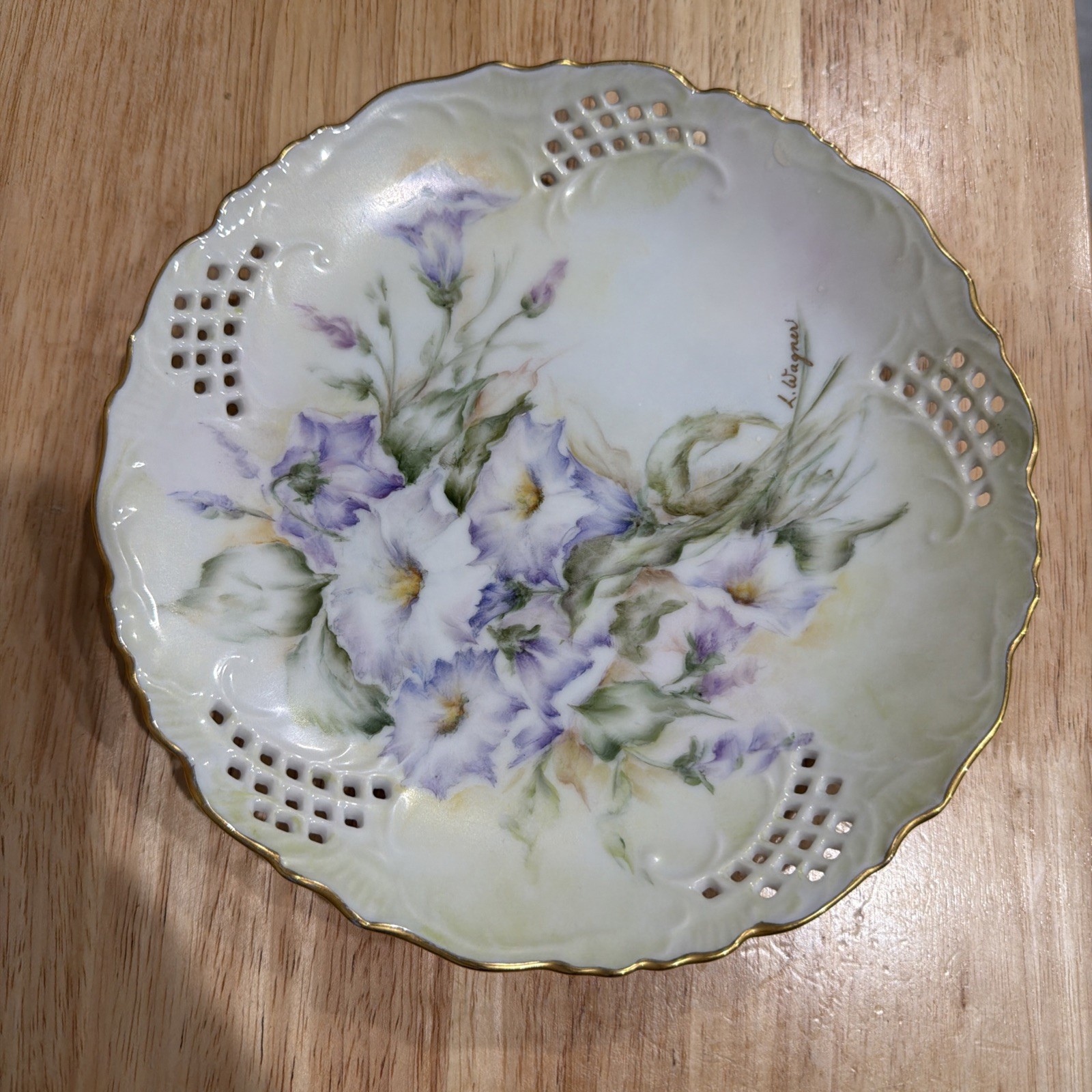 Vintage Hand Painted Plate Pansies Scalloped Edge Gold Trim Floral Signed Decor