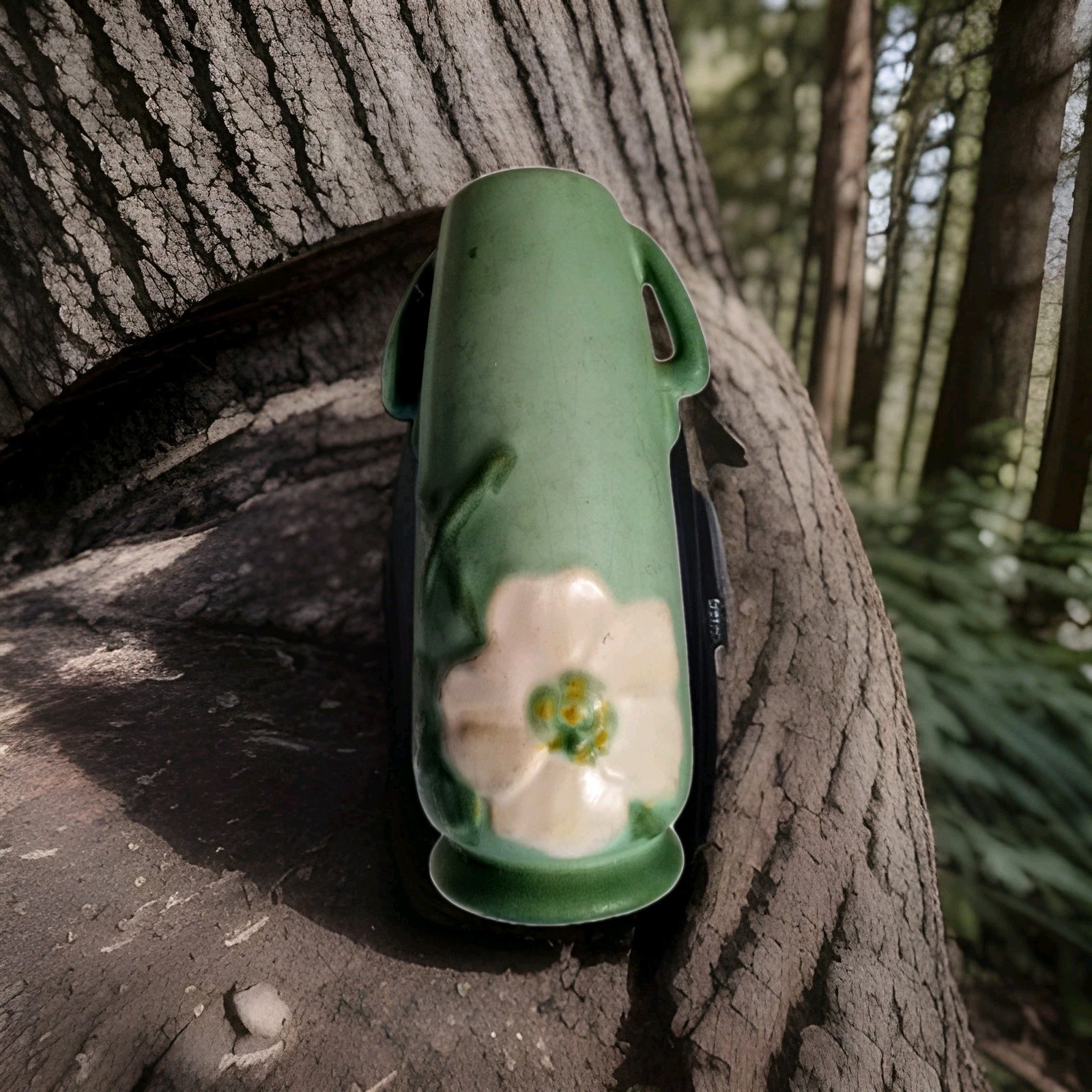 Weller Vase Matte Green with White Rose. 1930s