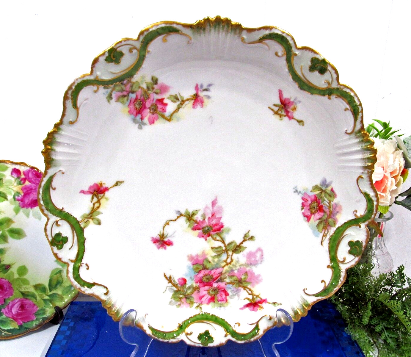 Coronet Limoges France painted  pink blossom beaded charger plate 1930s