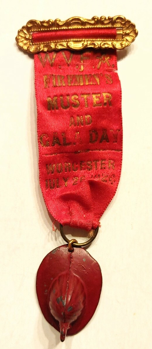 RARE W.V.F.A. FIREMAN'S MUSTER & GALA JULY 26, 1924 RIBBON METAL HELMET PIN