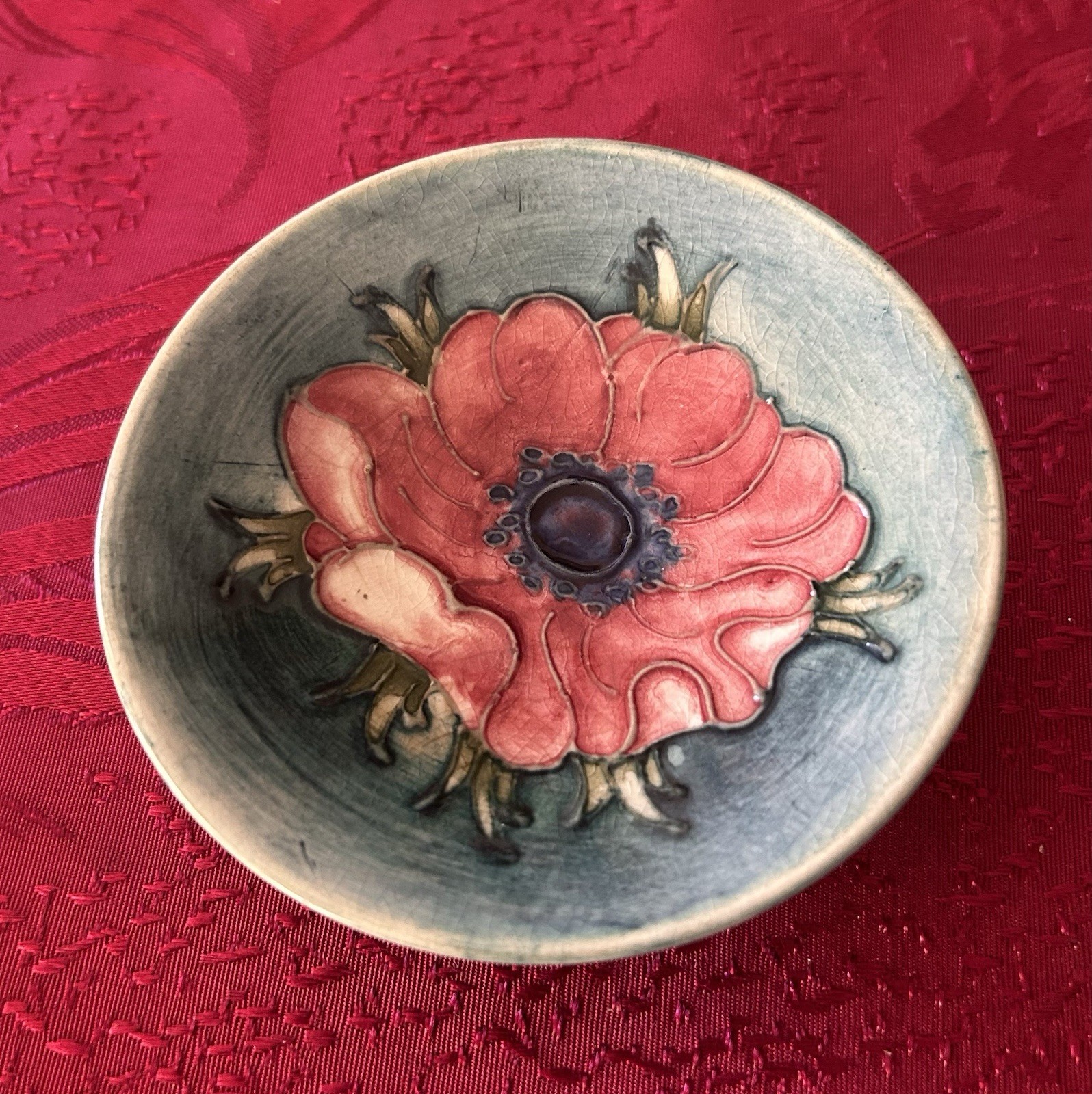 Vintage Moorcroft Pottery Bowl Anemone Blue Green & Pink Signed 3-5/8” Diameter