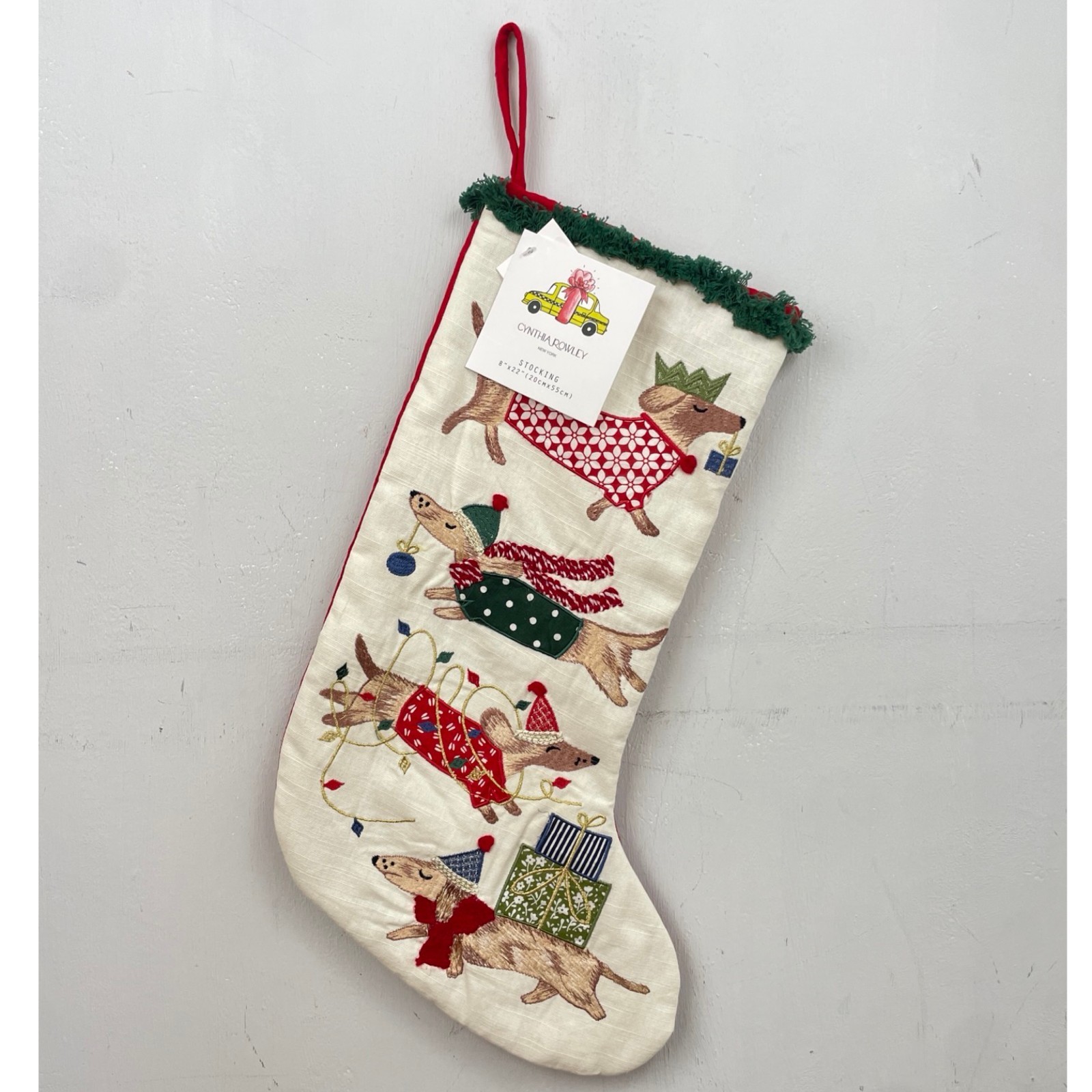 Cynthia Rowley Dog  Stocking 8”x22” – Embroidered Dachshunds in Holiday Sweaters