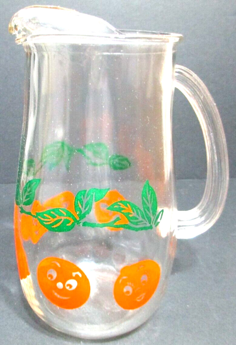 Vintage Orange Juice Glass Pitcher Ice Lip Spout Cute Faces 1 Quart