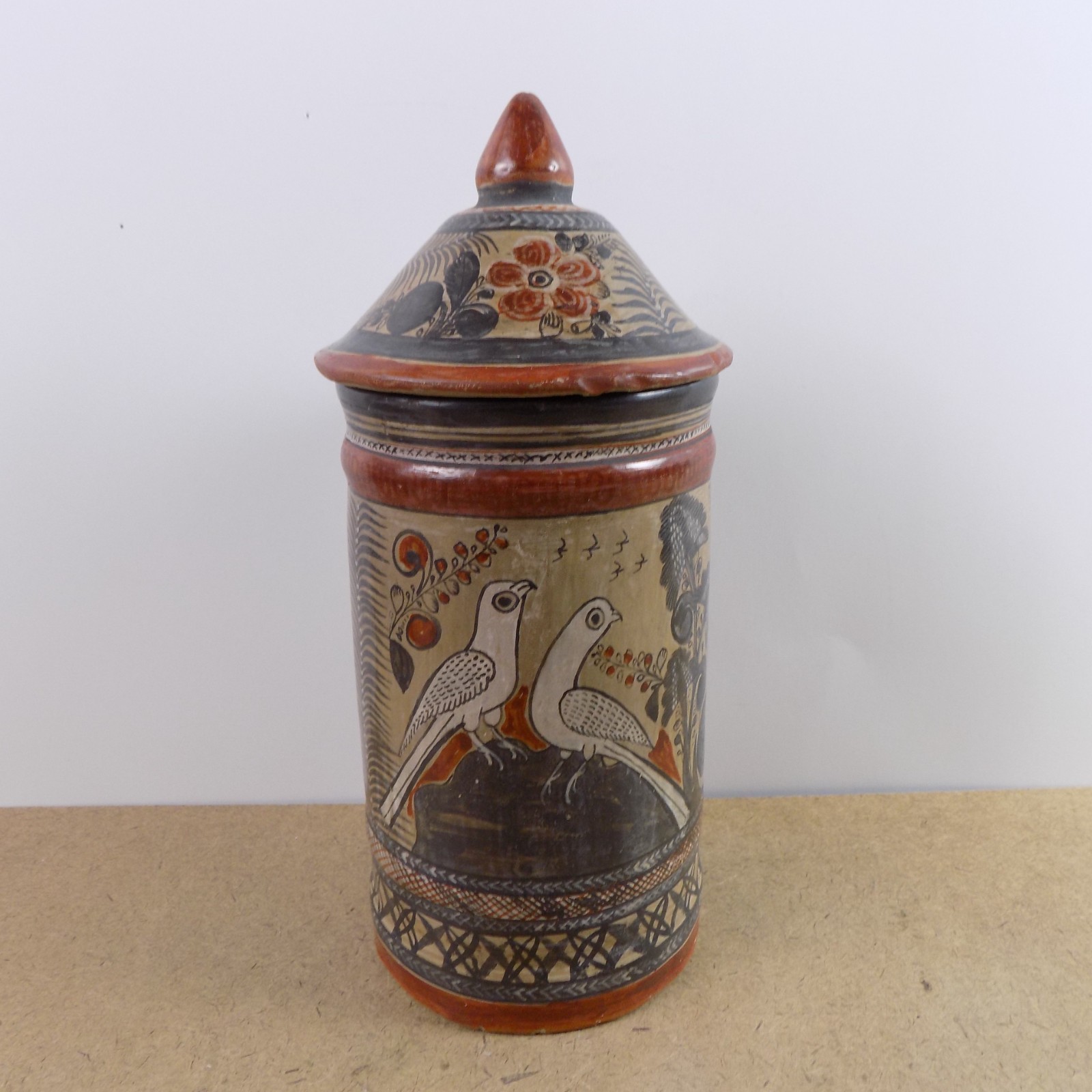 1974 Amado Galvan Mexican Tonala Pottery Jar w/ Doves Flowers 9.75\