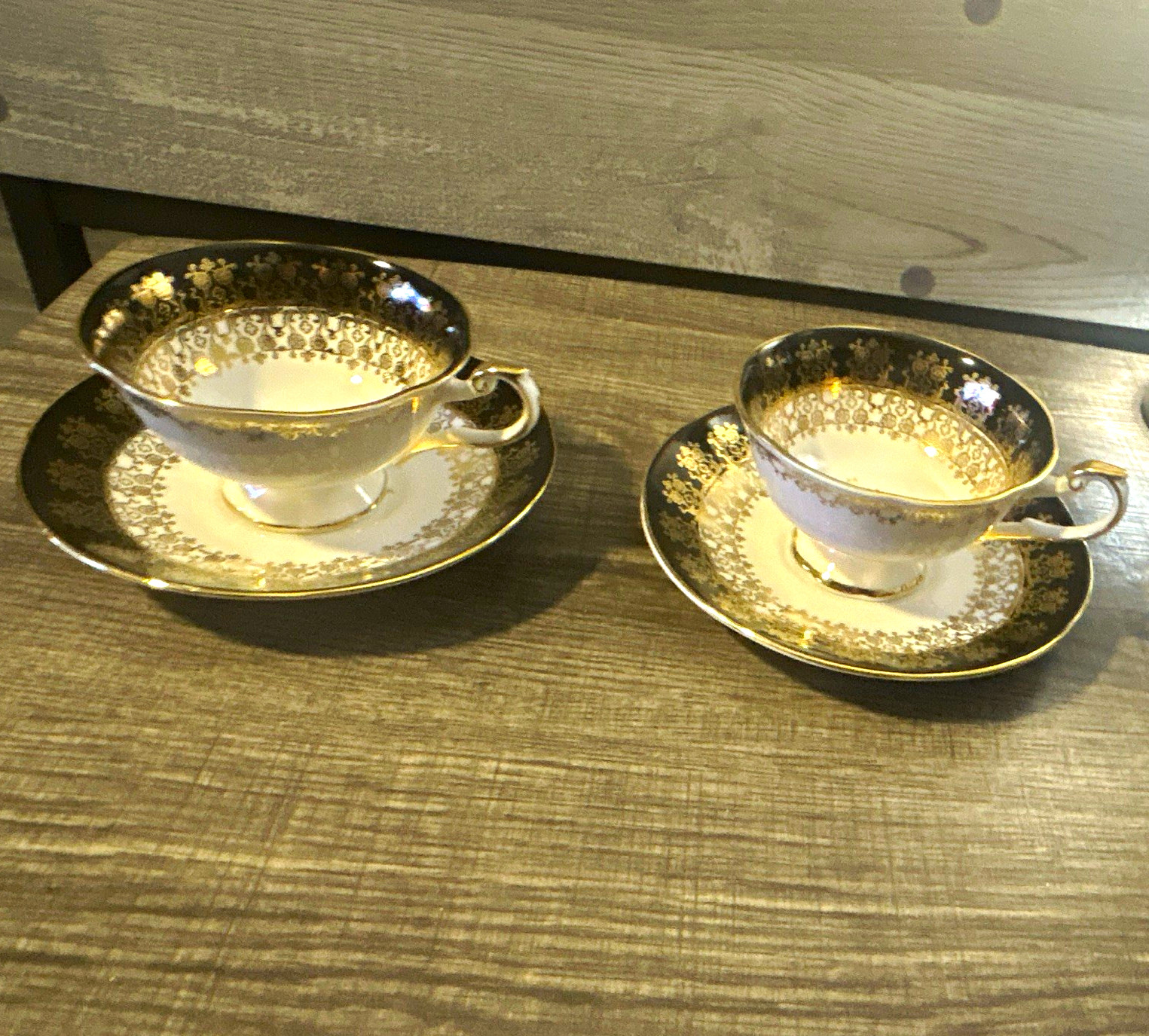 Queen\'s Monarch Bone China Tea Cup & Saucer Set Floral Black Gold, 2-Piece