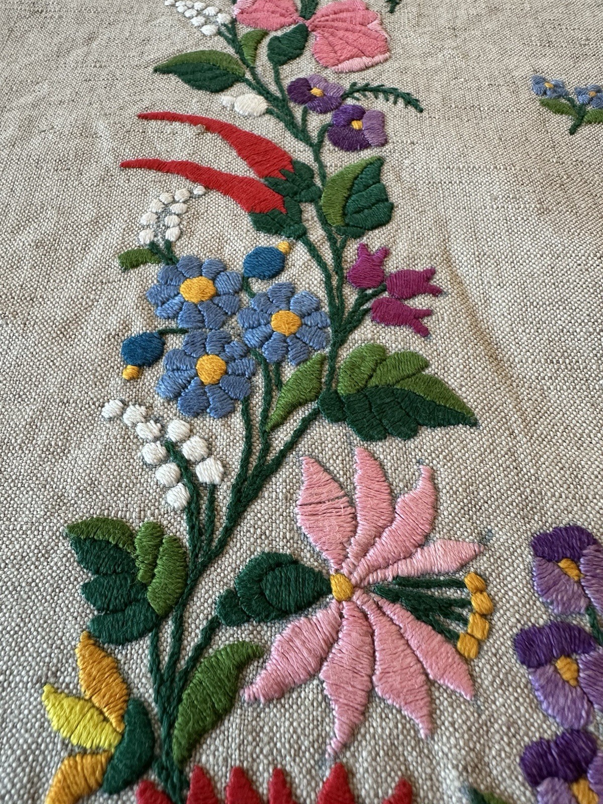 Vtg Hungarian Kalocsa Hand Embroidered Floral Tablecloth Linen 53x65 Scallop