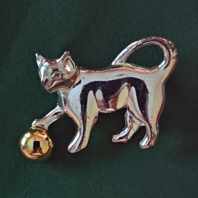 Silver Tone Metal Cat Pin Brooch with Gold Tone Dangling Ball