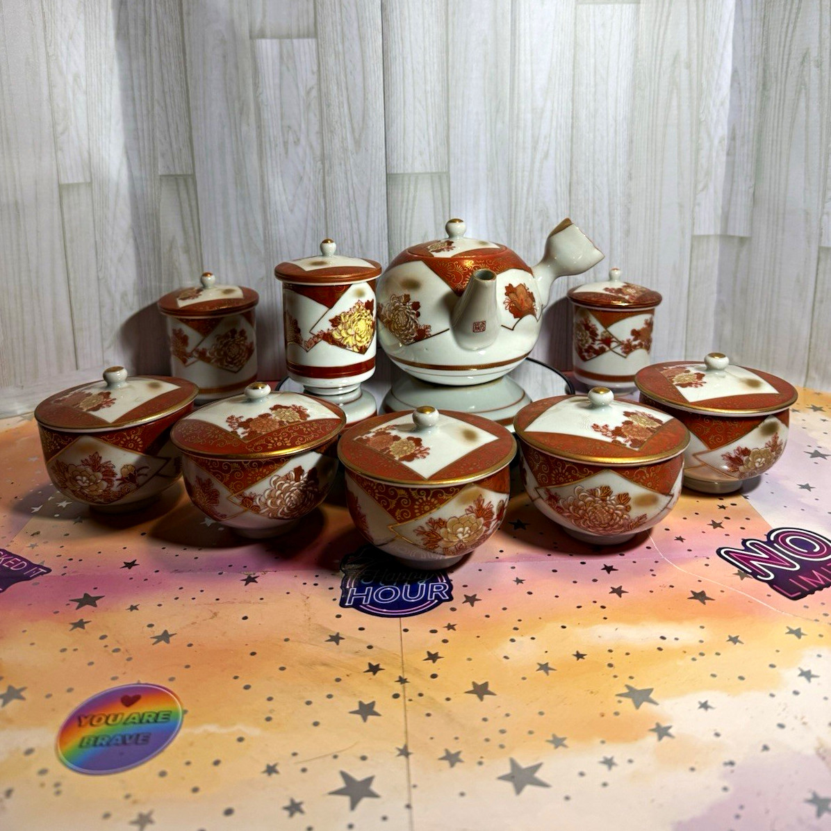 Vintage Japanese Kutani Red & Gold Tea Set – Kyusu Teapot, 5 Cups & 3 Jars