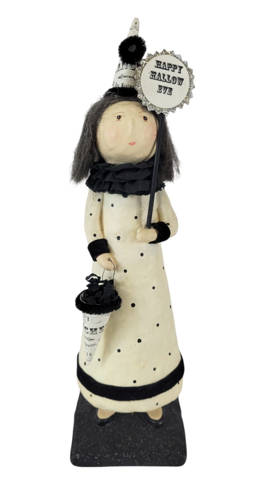Vtg Heather Myers Black & White Happy Hallow Eve Halloween Figure Witch Folk Art