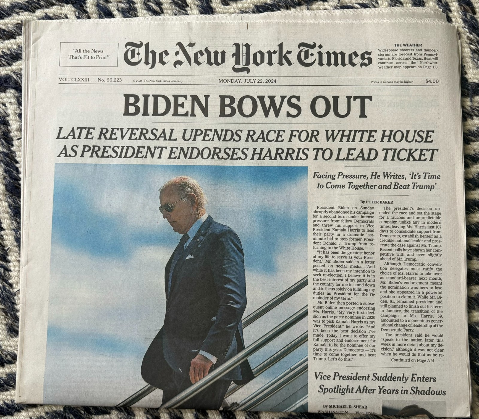 NY Times 7/22/2024 Biden Bows Out Endorses Harris to Lead Ticket Issue
