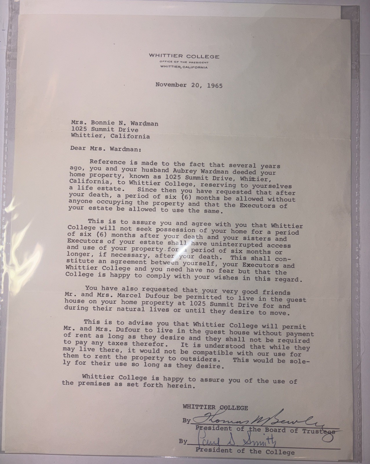 1965 Whittier College Signed Letter – Wardman House Donation Historic Landmark
