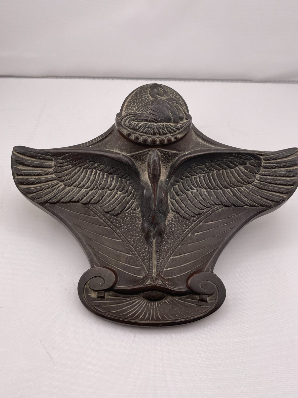 Antique 1890s Art Nouveau Bronze Stork Inkwell Maurice Frecourt Paris 6.5\
