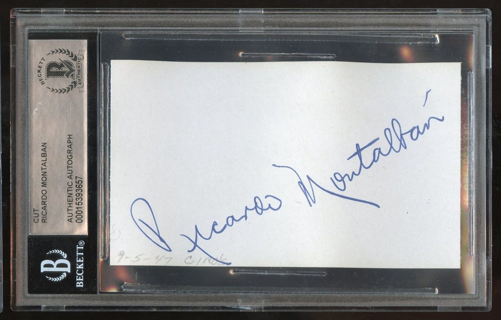 Ricardo Montalban signed 2x4 cut autograph on 9-5-47 at Ciro\'s Nightclub BAS