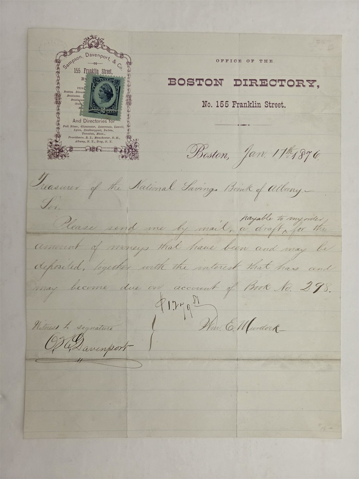 1896 antique BOSTON DIRECTORY Sampson Davenport & Co boston ma BANK LETTERHEAD