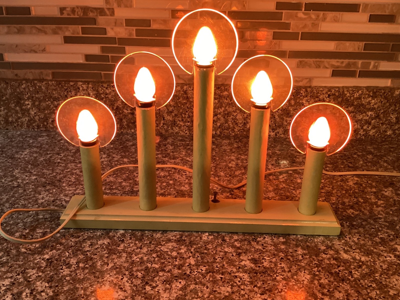 Vintage 1950s NOMA Christmas Candolier 5 Light w/ Halos Wooden Base Candles