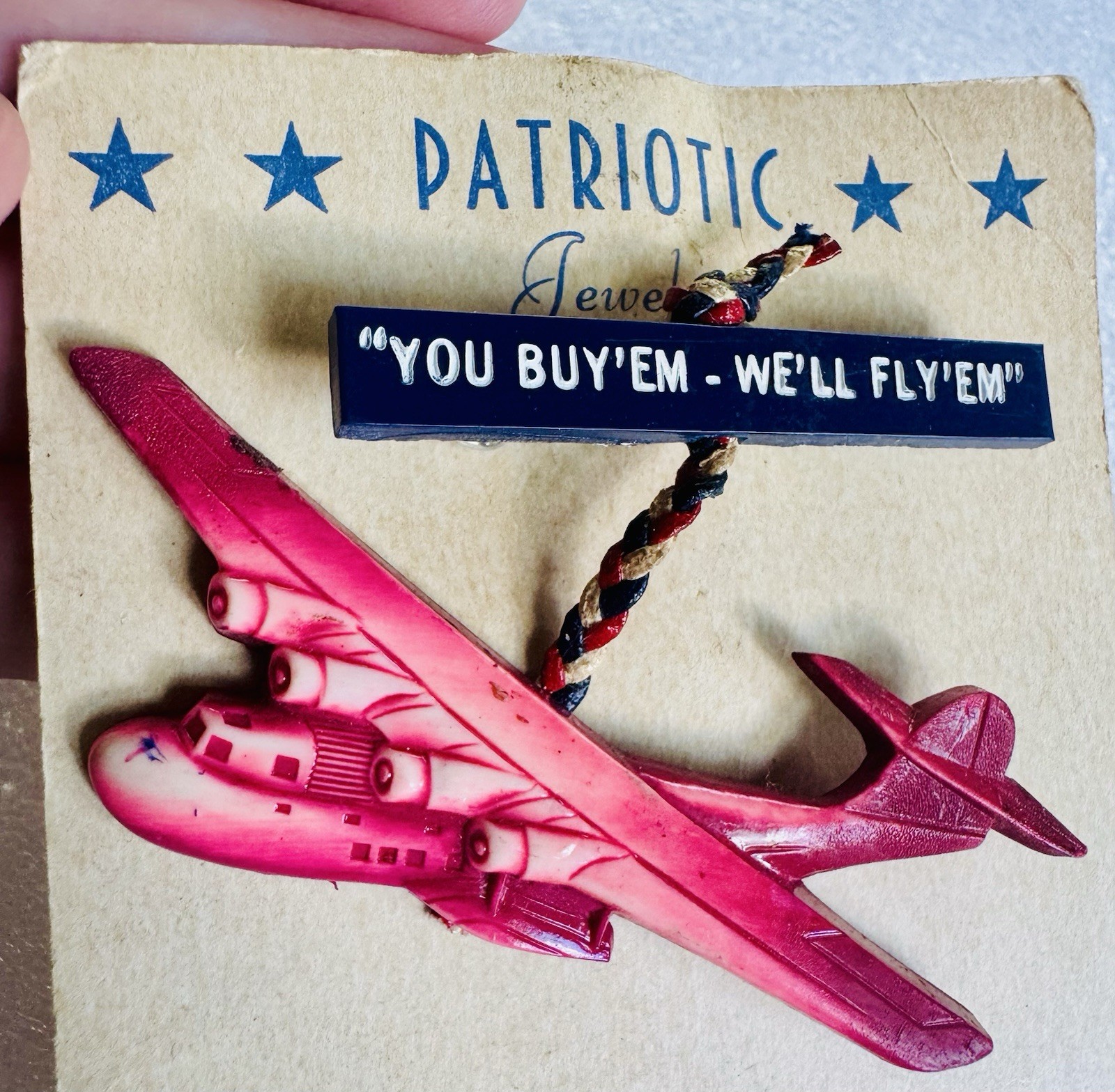 Rare Vintage WWII Victory Buy ‘Em Fly ‘Em Airplane Celluloid Plastic Brooch Pin