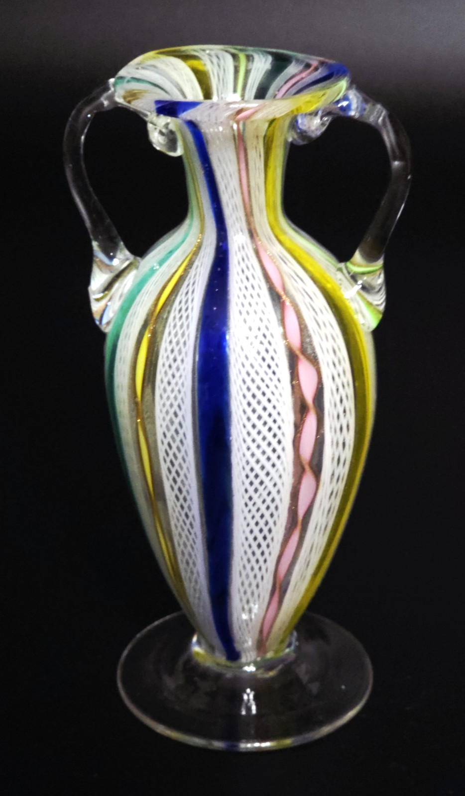 Vintage Murano Latticino Zanfirico Glass Vase Twin Handled Rainbow Ribbon 5
