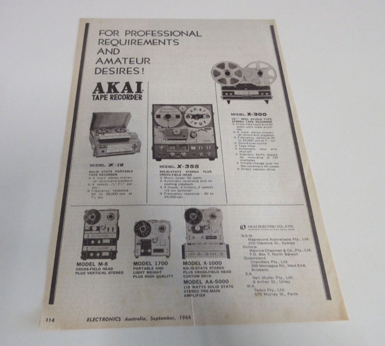 AKAI Tape Recorder Models X-IV, X-355, X-300 & More - Print Advertisement - 1966